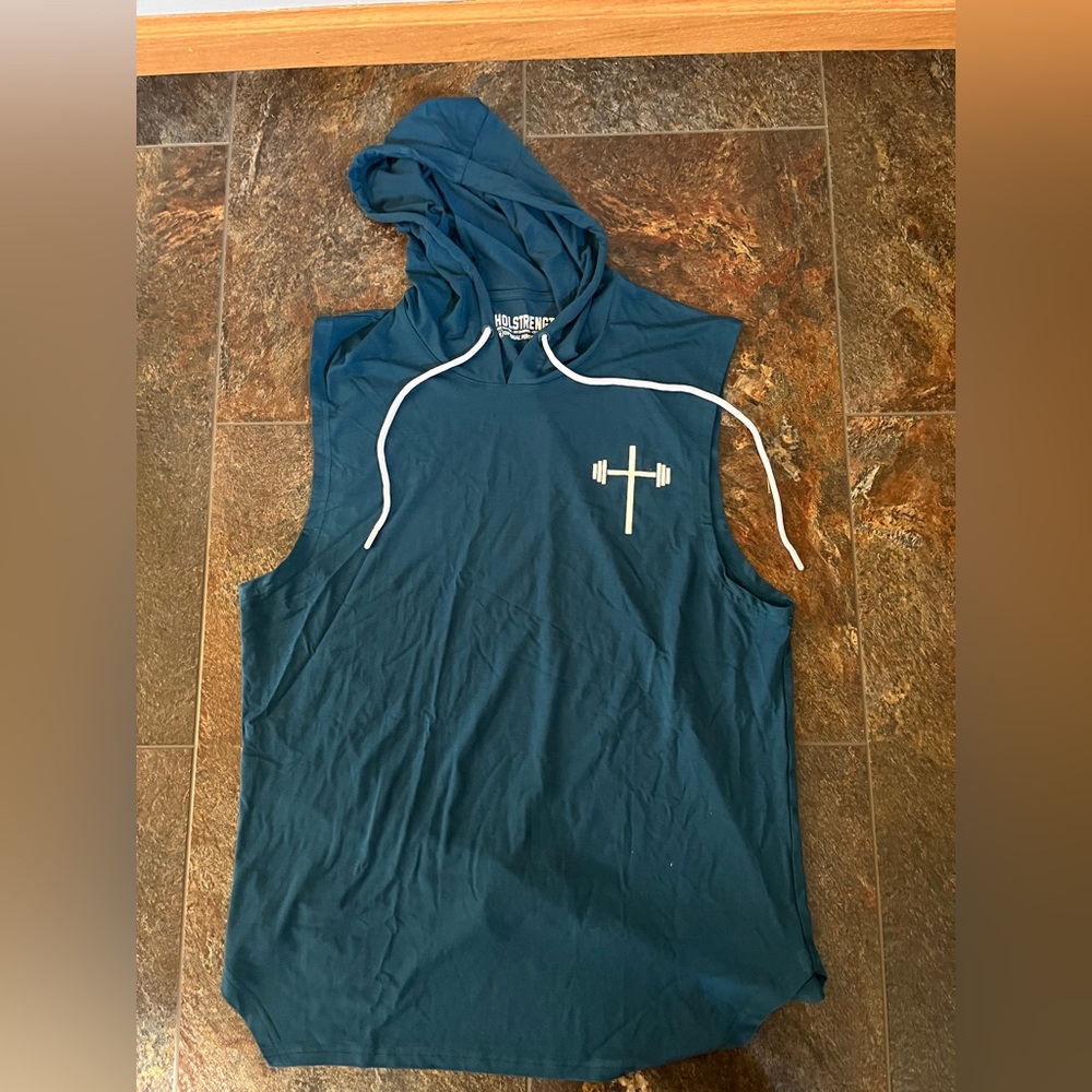 Men’s Holstrength teal performance stretch sleeves hoodie shirt. Size medium - Picture 3 of 9